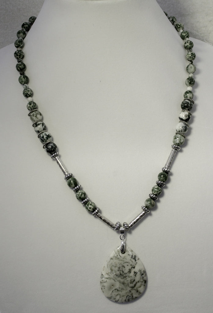 Tree agate pendant and beads, Tibetan silver stamped tubes